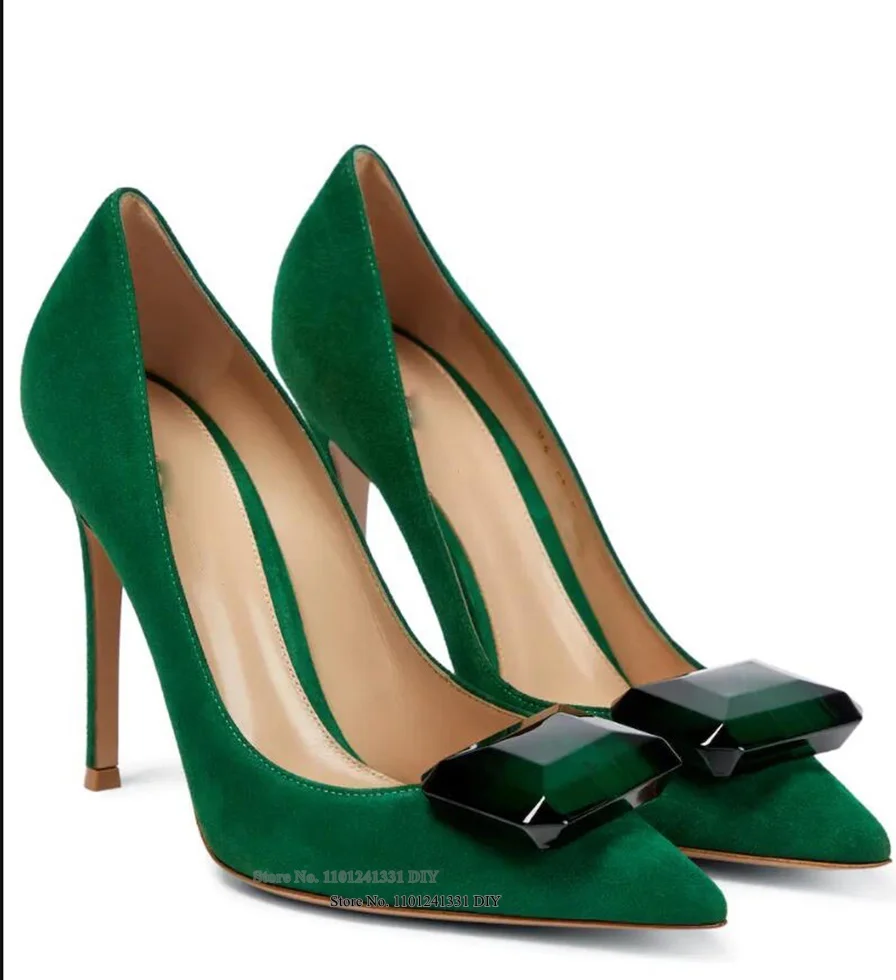 105Mm Heeled Embellished Spring Green Suede Slim Stiletto Heels Pumps Women Pointed Toe Thin High Heels Dress Shoes