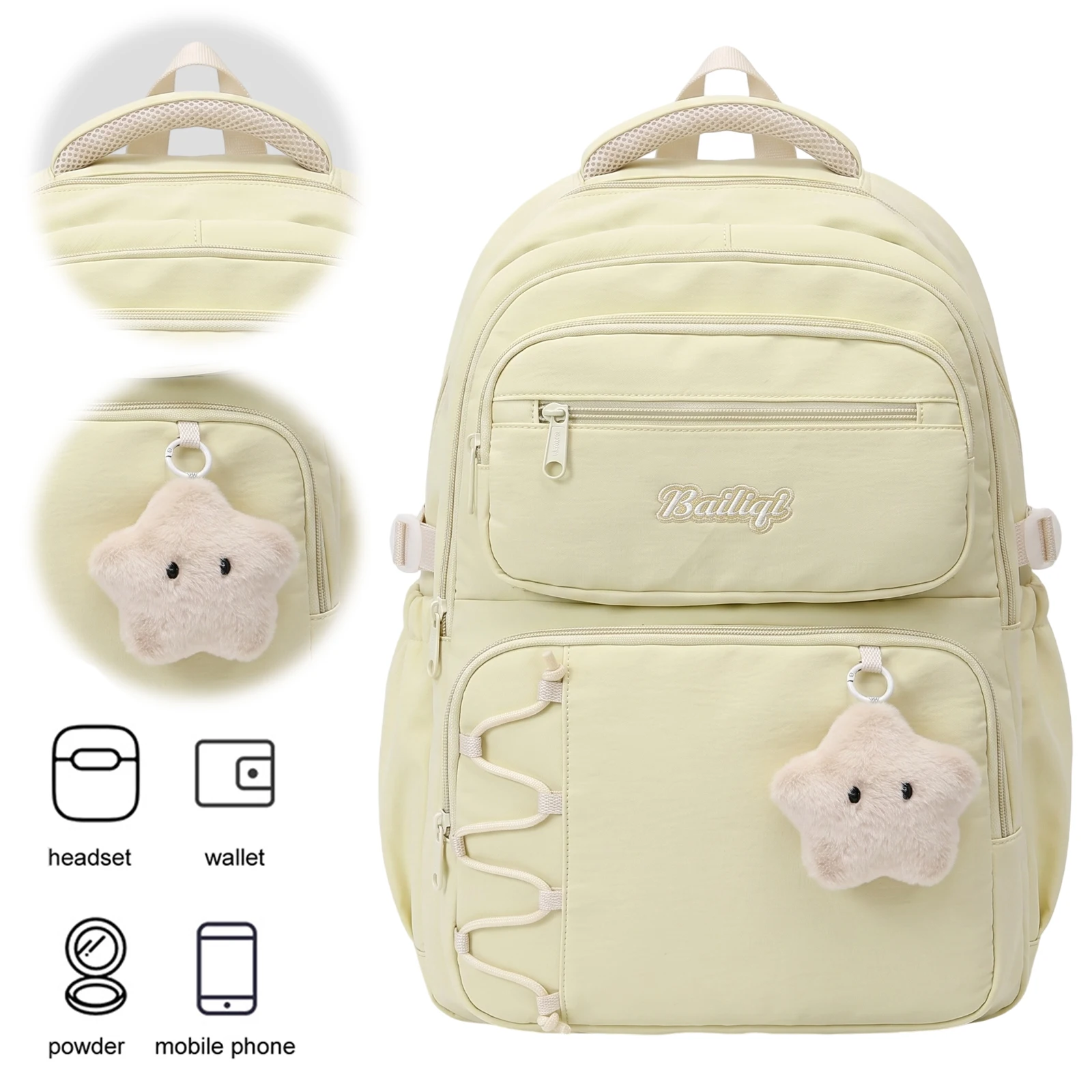 Cute Korean Style Backpack for Young Women Nylon Lightweight Multi-Pocket Travel Bag