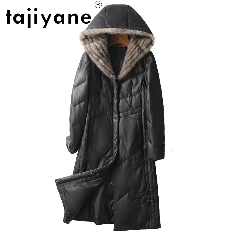 TAJIYANE 100% جلد الغنم الحقيقي أوزة أسفل معطف أسود جلد حقيقي سترة منفوخة النساء مع قبعة فرو المنك 2025 الملابس الشتوية fadding