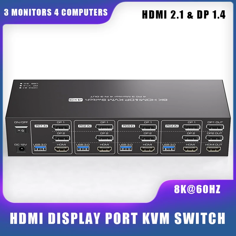 4K@144Hz HDMI + 2 Displayport KVM Switch 3 Monitors 4 Computers ,8K KVM Switches Triple Monitor for 4 Computer Share 3 Monitor