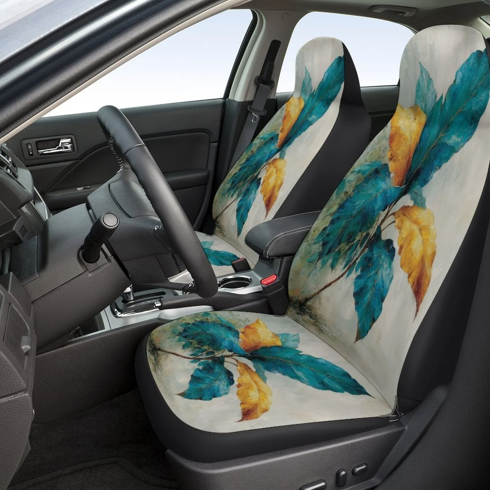 Set Of Car Seat Covers Featuring A Design Of Autumn Leaves, Suitable For A Variety Of Vehicles. These Stylish And High-Quality P