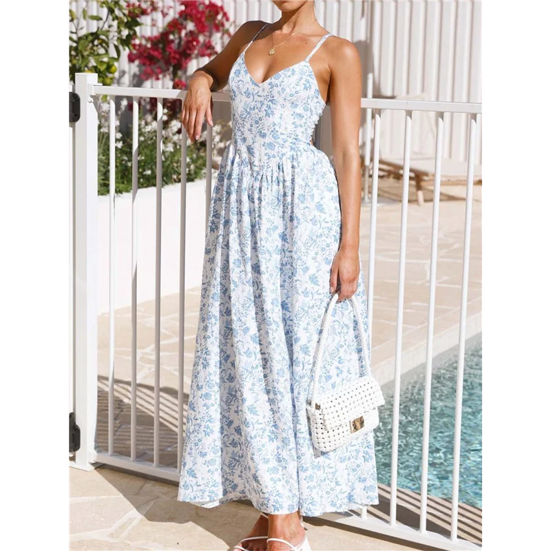 【ดู】ชุดเดรสแม็กซี่เดรสฤดูร้อนของผู้หญิงปี 2025 แขนกุดลายดอกไม้ Smocked Boho Beach Long Dress
