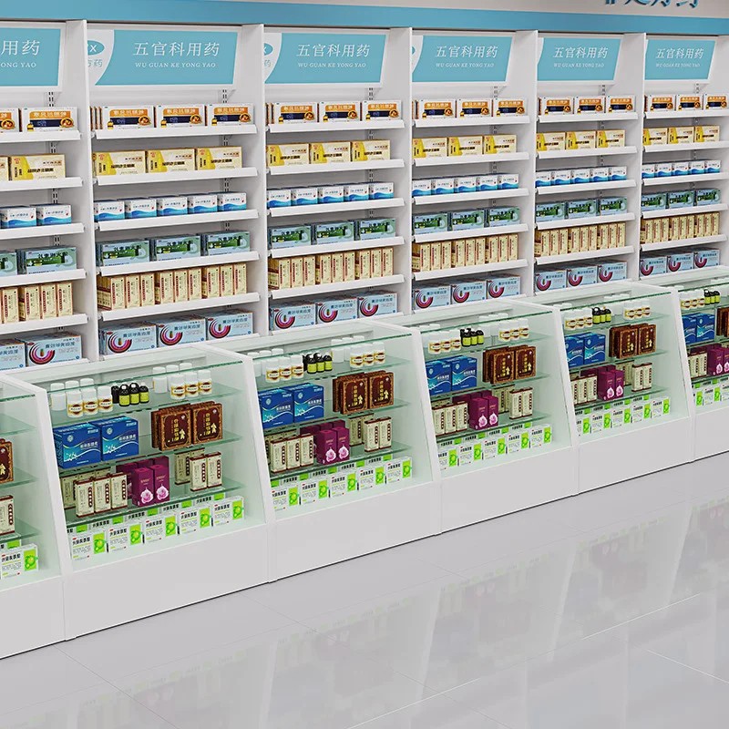 Pharmacy Shelf Display Rack Medicine Cabinet Western Medicine Glass Front Desk Cabinet Display Clinic Pharmacy