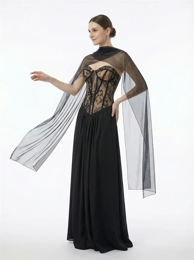 

Black Wrap Cape Prom Dress Sexy Corset Sleeveless A Line Formal Elegant Black Lace Evening Banquet Party Wedding Gown