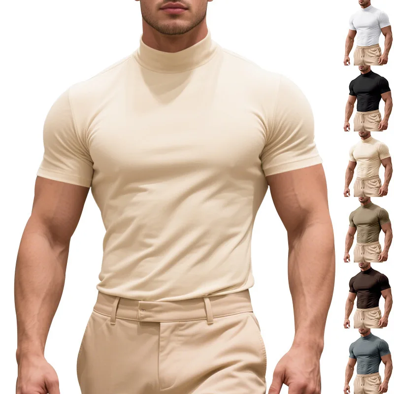

Summer training Men's T-shirt Casual Half High Collar Short Sleeve Pullover Tops Tight Elastic Tees Daily gym jogging T-shirt