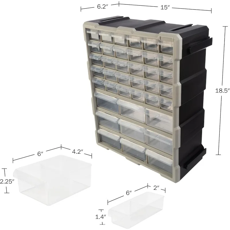 39-Drawer Plastic Small Parts Organizer - Desktop or Wall Storage Drawers for Organizing Hardware, Crafts, Garage