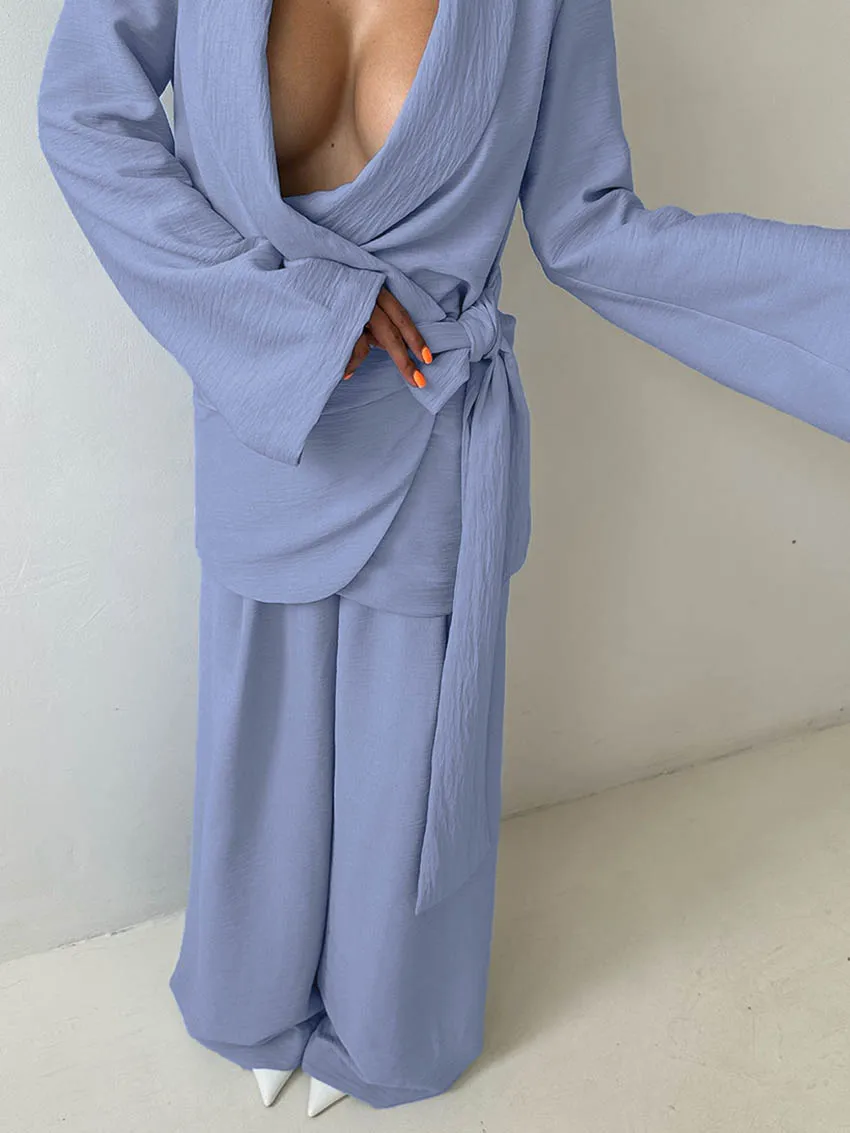 Marthaqiqi Casual Women Nightgown Set Lace Up Pajama Long Sleeve Sleepwear Sexy V-Neck Nightie Pants Loose Ladies Nightwear Suit