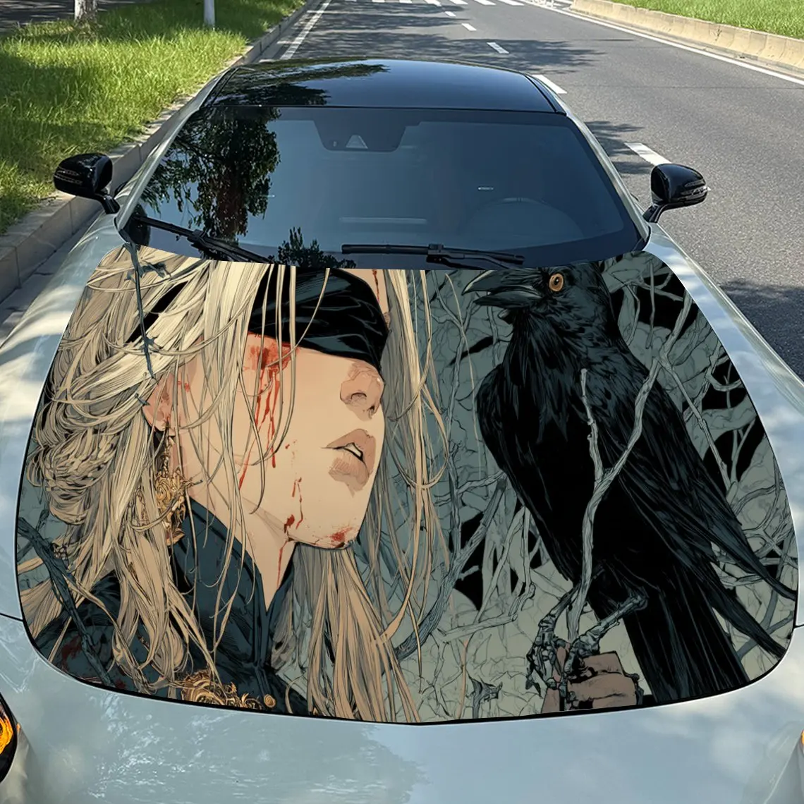 Gothic Blindfolded Girl & Raven Wonder PVC Car Engine Hood Vinyl Wraps, Self-Adhesive Waterproof Car Hood Decal Sticker, Car Dec