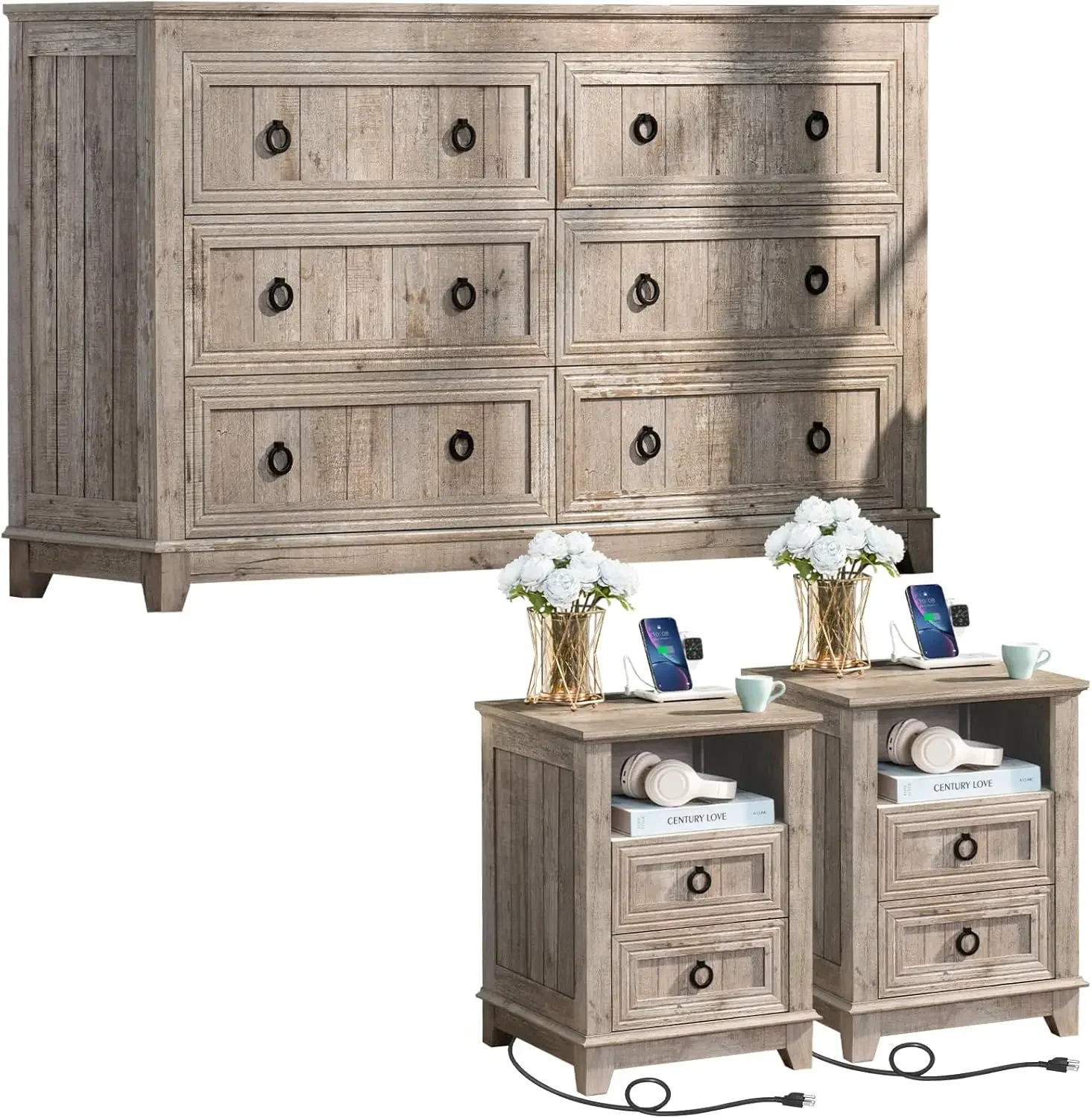 Furniture Set, Nightstands Set of 2 and 6 Drawers Dresser for Bedroom, 58 Inch Wide Wood Dresser and 18