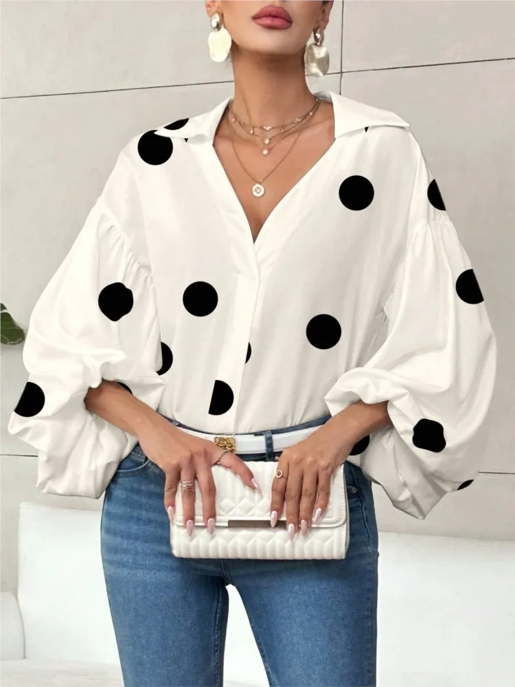 

Fashionable Polka Dot Printed Bubble Sleeve New Fashionable Women's Autumn Semi Open Collar Casual Loose Long Sleeved Top