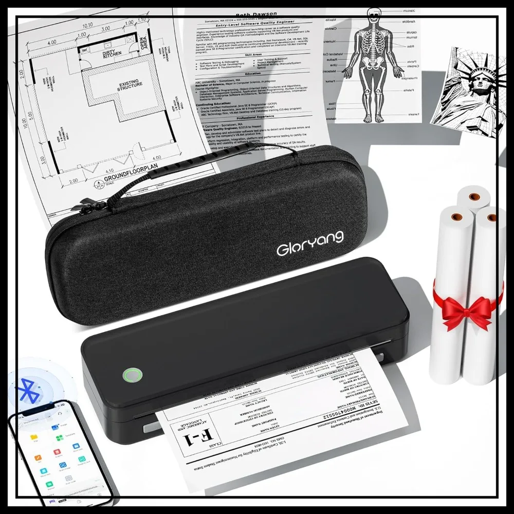 

Wireless Thermal Printer for Travel, Supports 8.5x11" Paper, Bluetooth, Includes Case & 3 Rolls