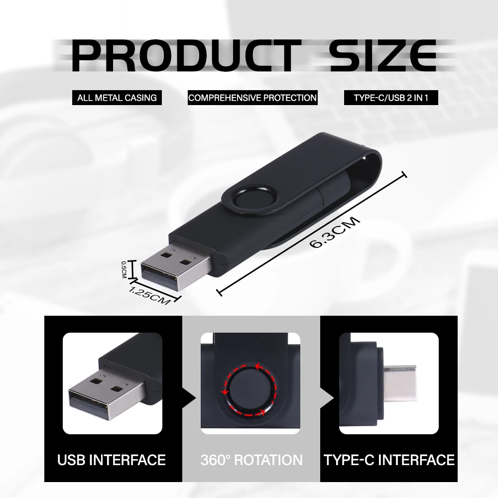 Girevole 360 °   Unidad flash USB 2,0 tipo C, unidad de bolígrafo OTG, 128GB, 64GB, 32GB, memoria 2 en 1, disco U de alta velocidad, capacidad real