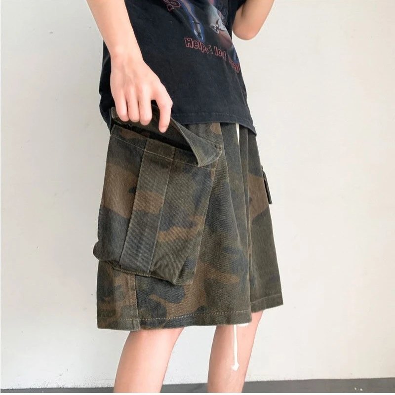 Summer Camouflage Shorts Men Casual American Retro 5 points pants Tooling Knee-length Multi-Pocket Loose Hip Hop Thin Shorts