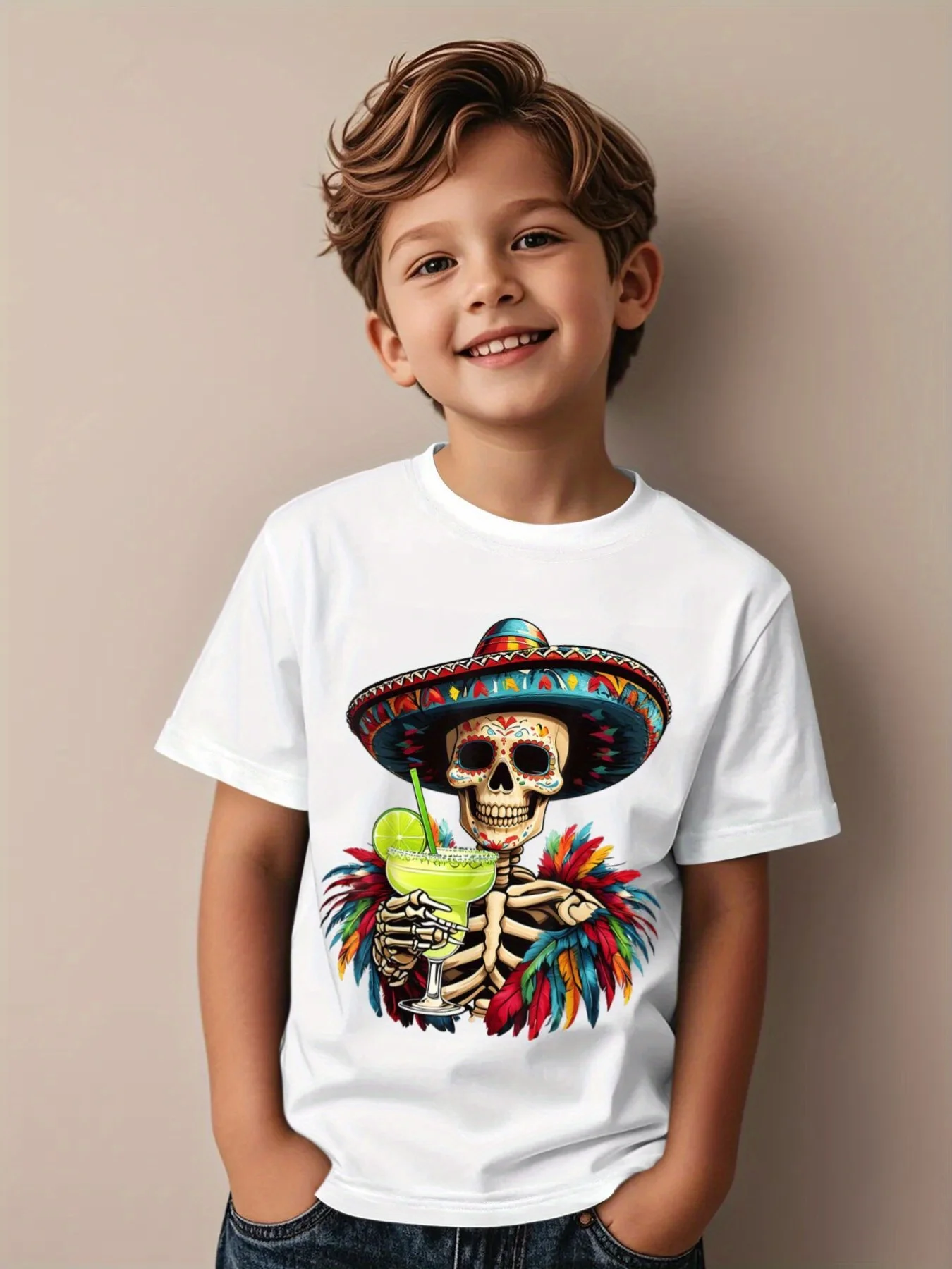 Mexikanischer Tag der Toten Skelett-Aufdruck T-Shirt Anime Kurzarm T-Shirt Sommer Mädchen Jungen Shirt Casual Tops Rundhalsausschnitt Kleidung