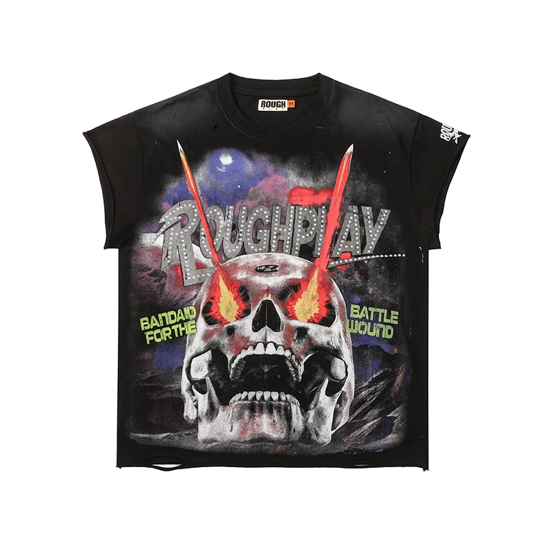 New Rough Play Men's T-Shirt Retro Washed Outdated Camry Shoulder Meteor Eye Skull Printed Hairless Sleeveless Cut Sleeve Top