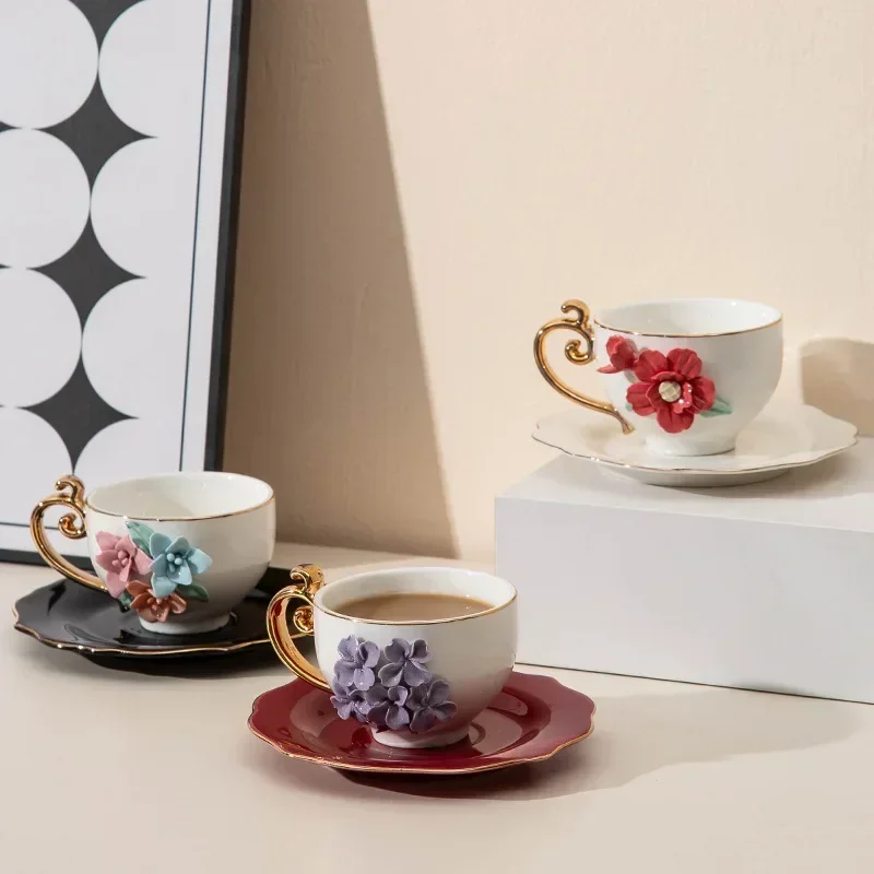 

Ceramic Creative Hand-squeezed Flower Coffee Cup Saucer Gold-painted Coffee Cup Saucer Household Ceramic Espresso Cups Saucer