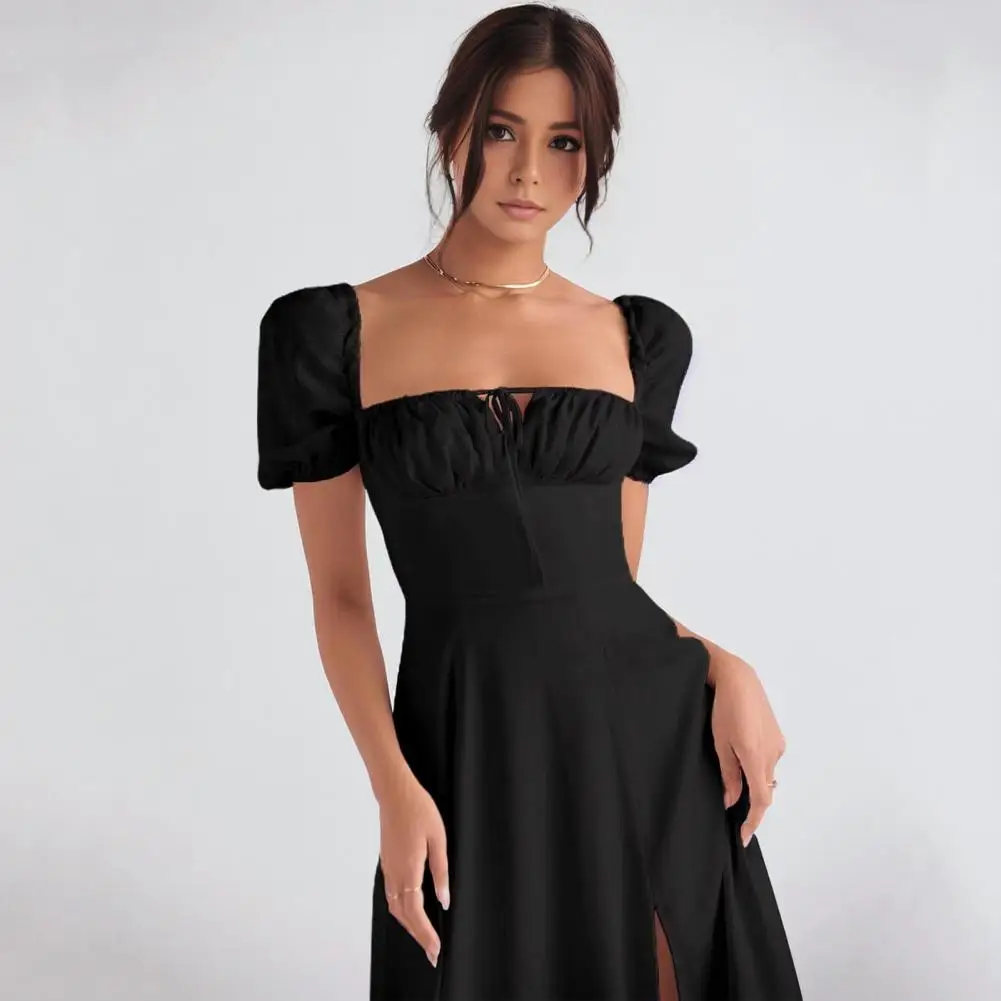 Mulheres a linha vestido elegante pescoço quadrado em camadas babados cintura alta a linha plissado rendas cinta sem costas senhora midi vestido