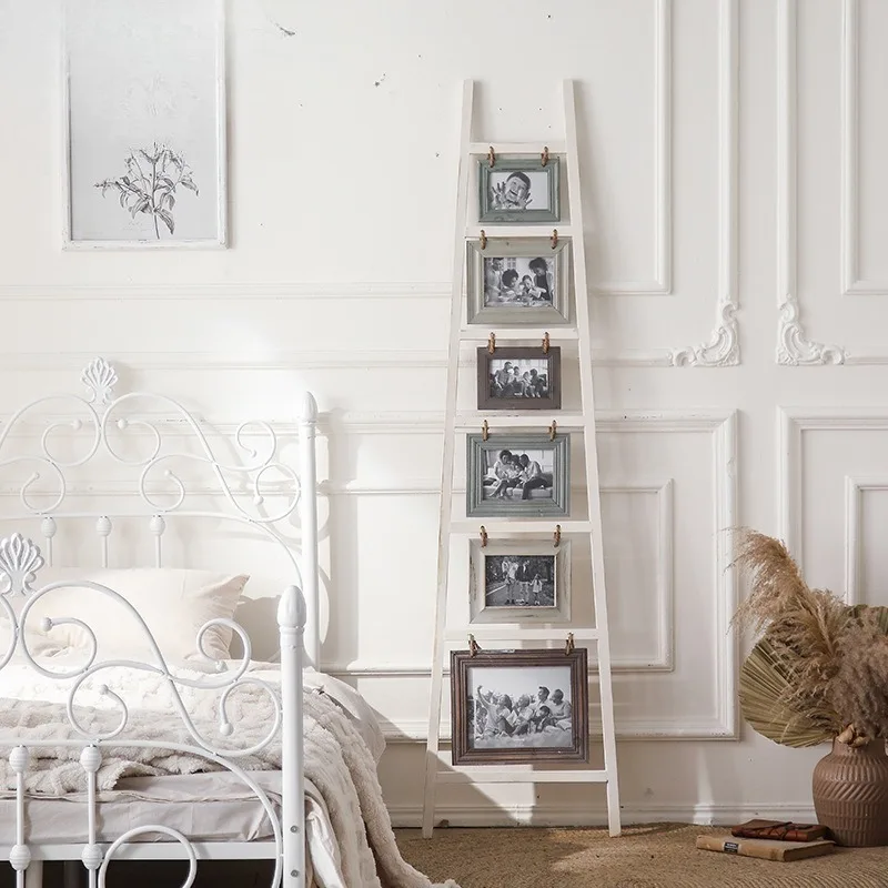 

Retro old ladder photo frame living room TV cabinet next to solid wood ornament ins wind trapezoidal wall classical decor