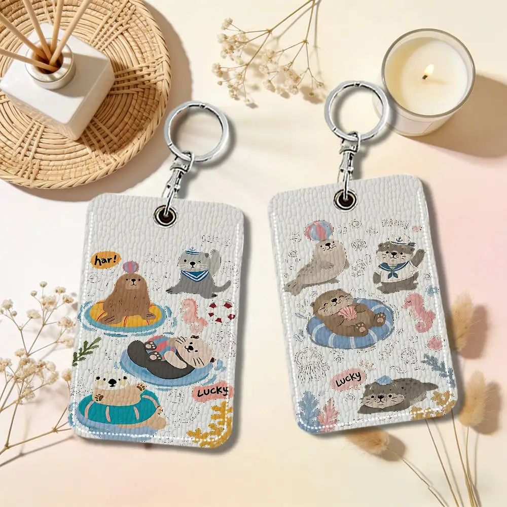 Swimming Animals Cartoon Cute Keychain Card Holder, Badge Credit Card Holder, Bus Cards Cover Protector Portable PU Leather