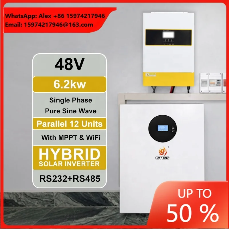 48V 6.2KW Off Grid Solar Inverter Single Phase Pure Sine Wave MPPT Hybrid Solar Inverter 6.2KVA 6200W With Parallel WiFi