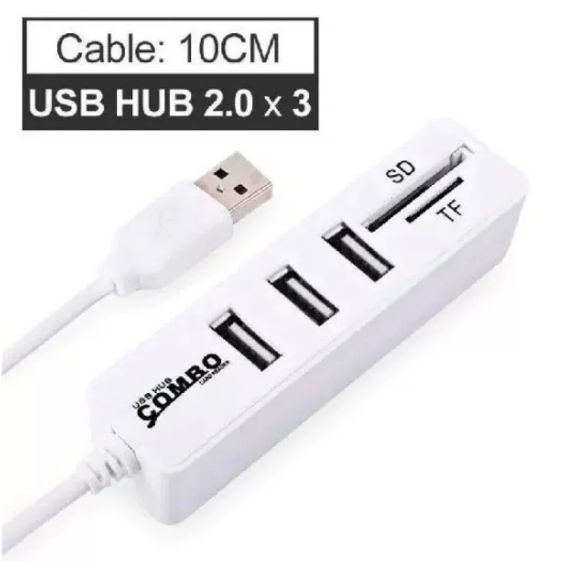 3-Port USB 2.0 Hub with Cable Long Strip Power Strip Combo TF/SD Multi-card Adapter One-Line Splitter Data Transfer Device