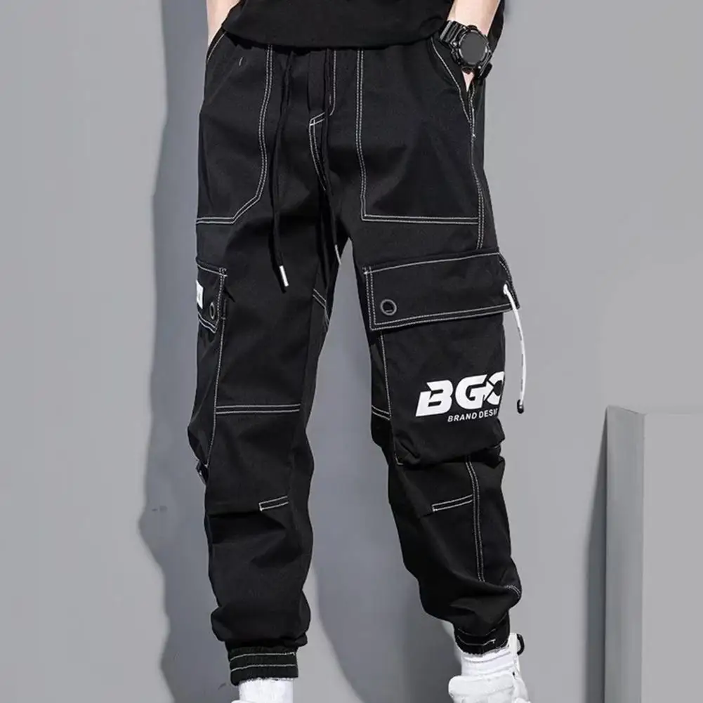 

Elastic Waistband Outdoor Trousers Men's Drawstring Cargo Pants with Elastic Waist Multi Pockets Ankle-banded Design for Daily