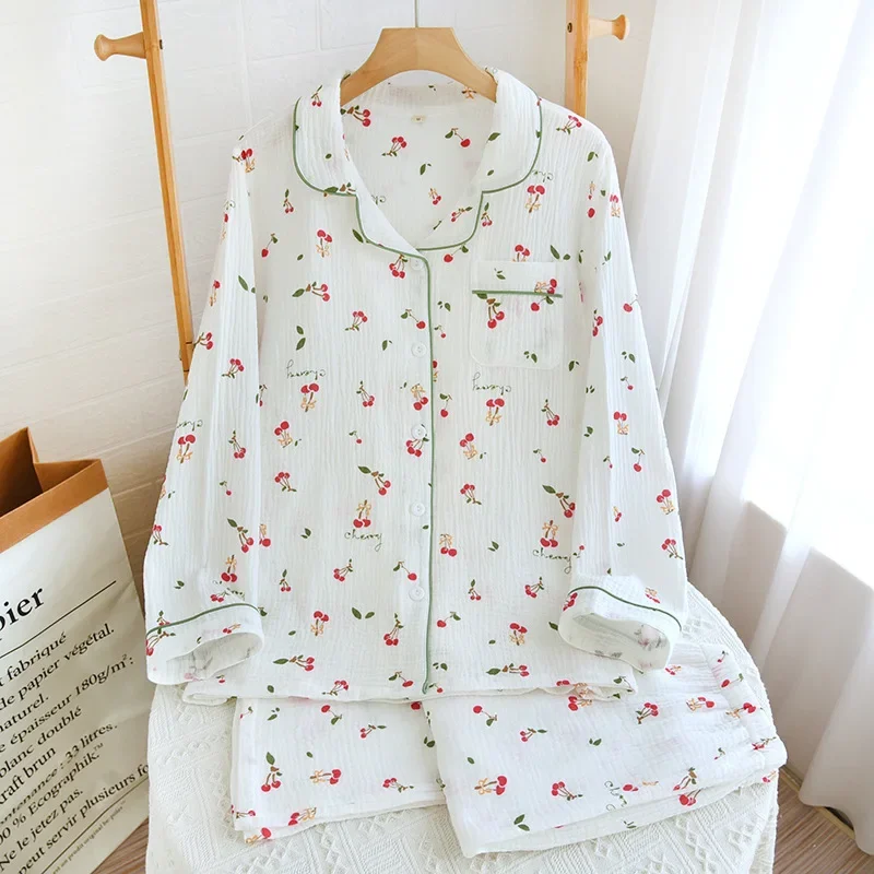 2024 Japanese New Spring and Autumn Women\'s Pajamas Long Sleeve Long Pants Two Piece Set of 100% Cotton Crepe Cute Home Fury