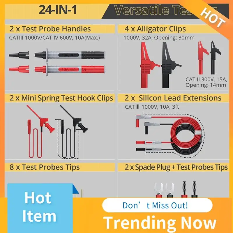 

ABNL Multi Test Leads Kit Electrical Multimeter Test Lead With Alligator Clips Test Probe Spring Banana Plug