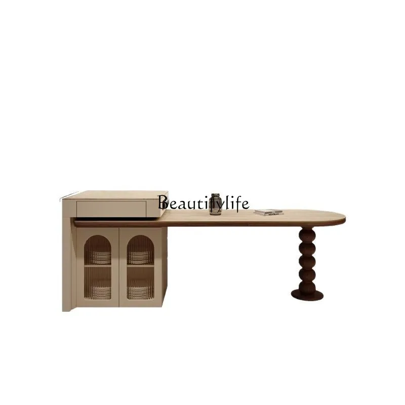 

French retro style Roman travertine rock slab retractable island table integrated family guest restaurant multi-function