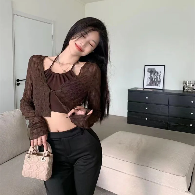 Summer Thin Sun Protection Cardigan Women Korean Loose V-neck Lace Crop Tops Y2K Ladies Fashion Argyle All-match Cardigan New