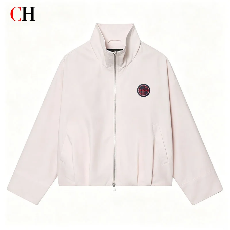 CH Womens Round Crest Patch Badge Chest Detail Stand Collar Full Zip Cropped Jacket Quiet Luxury Daily Layer Outfit