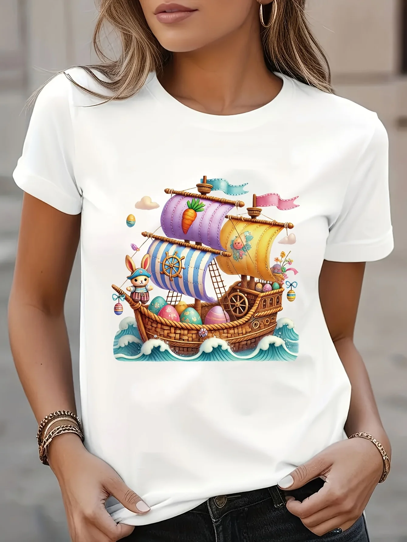 Women'S  Comfortable Easter Pirate-Themed Colorful Nautical Design with Bells Sails Casual Crew Neck Short Sleeve