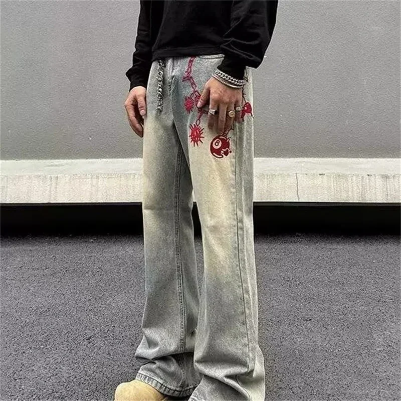 New Cartoon Chain Meteor Hammer Print Y2K Jeans For Men Vintage Wide leg Denim Trousers High Street Washed Distressed Baggy Jean