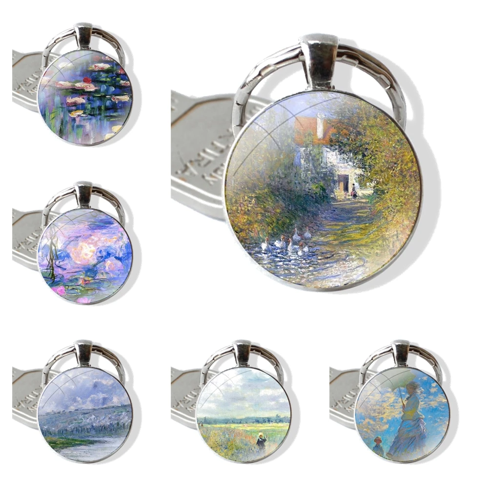 25mm Glass Cabohcon Keychain Key Rings for Women Men Jewelry Gift Oil Painting Claude Monet Design