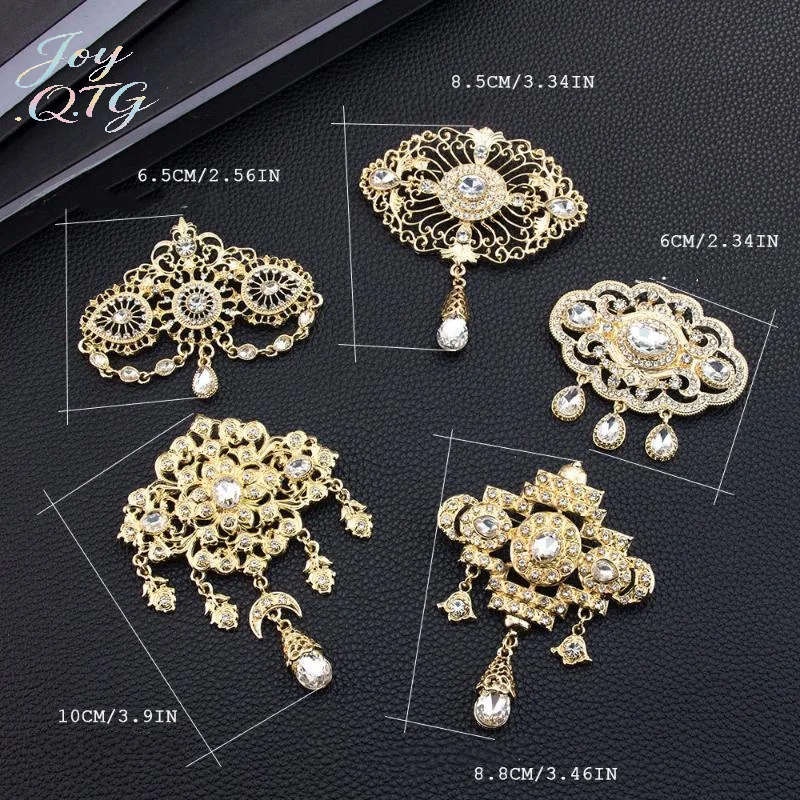 1PCS Gold Color Arabic Women Brooch Hijab Lapel Pins Hollow Rhinestones Bridal Jewelry Chic Algeria Morocco Caftan Brooch Bijoux