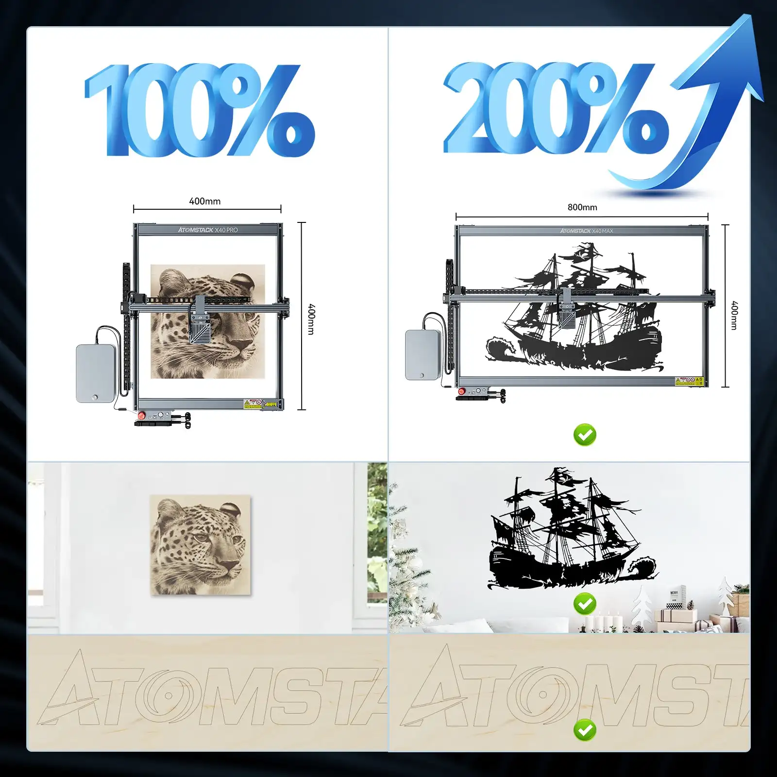 【2026】ATOMSTACK S40 X40 A40 MAX  Engraver Cutter with F30 Pro Air Assist Kit Fixed Focus 24W/48W Dual Modes App 800*400mm