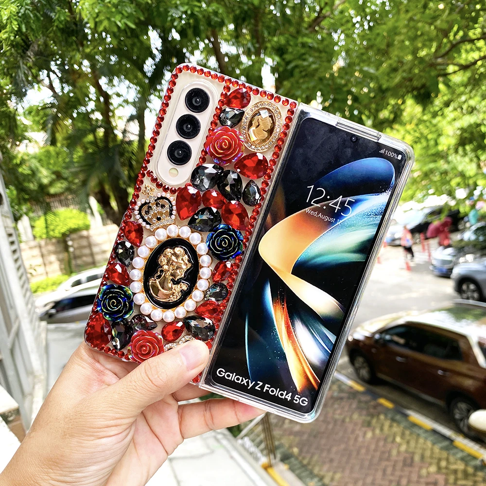 Bling Rhinestone 3D Red and Black Rose Heart Hard PC Phone Cover for Samsung Galaxy Z Fold 7 6 5 4 3 2 Case