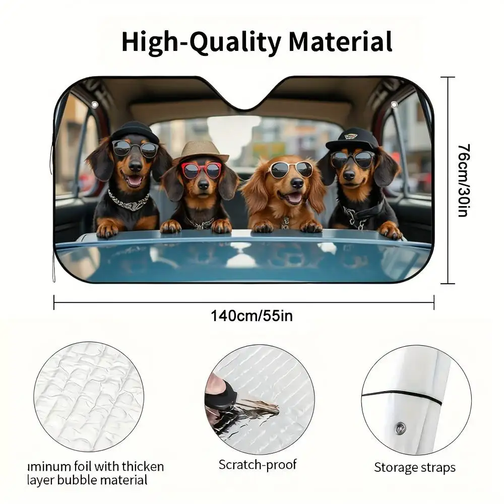 Dachshund With Glasses Car Windshield Sunshade Foldable Sun Visor Fit JEEP Convertible Models Windproof Sun Protection