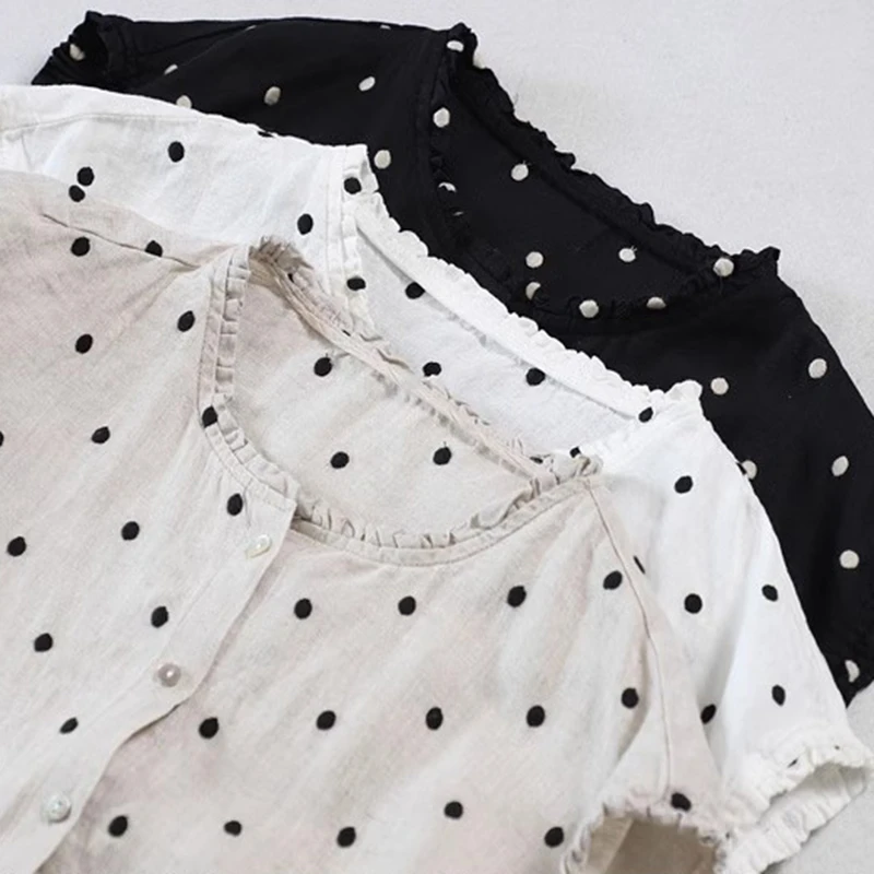 المرأة عادية قميص كتان جديد وصول 2025 الصيف خمر نمط س الرقبة البولكا نقطة فضفاضة الإناث بلا أكمام بلايز قمصان M1712 #6