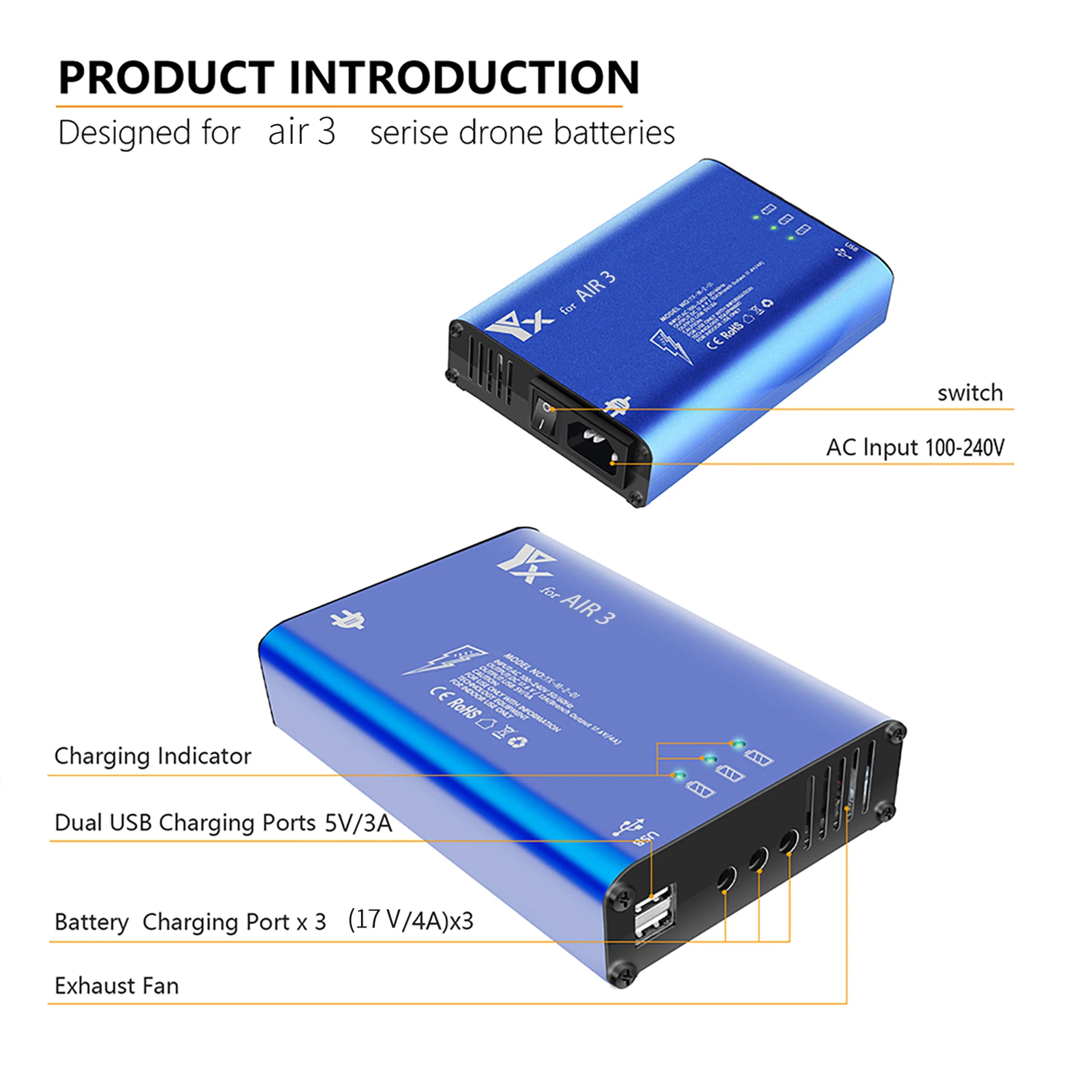 Para Mavic AIR 3S cargador de batería 5 en 1 concentrador de carga Compatible con controlador AIR 3/batería/cargador de teléfono inteligente accesorios para drones
