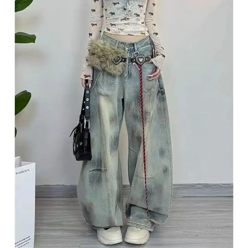 Women Wide-leg Cowboy Trousers American Lady High Waist Straight Leg Jeans Autumn Female Dirty Dyed Curved Knife Denim Pantalons