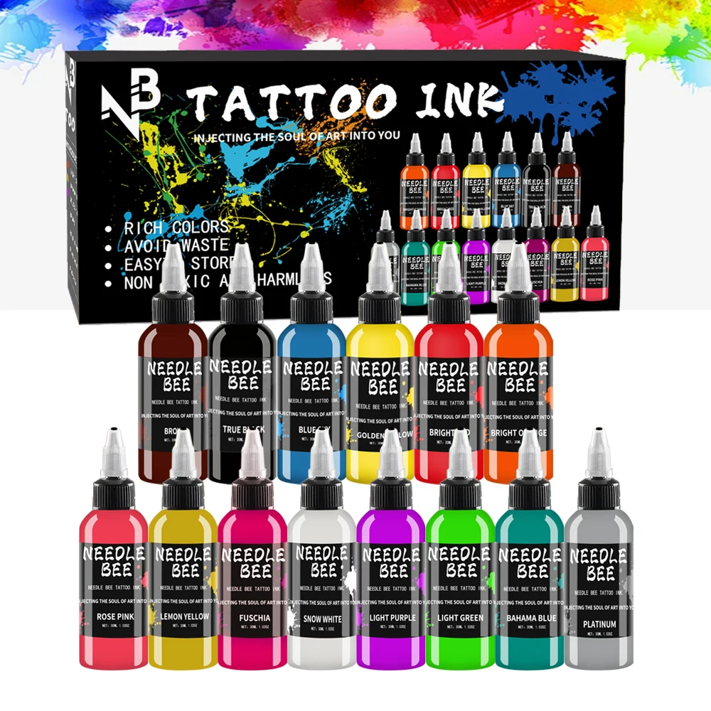 ゴールドプルームプロフェッショナルタトゥーインクセット-7-14色-30ml-11オンス-、長持ちするボディアートとペイント用顔料、プロ仕様の無臭タトゥーインク、様々なデザインに適しています
