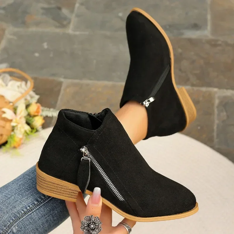 2024 Autumn New Pointed Zip Boots Fashion Women's Ankle Boots Comfort Soft Low Heel Lady Shoes Hot Sale Suede Daily Shoes Botas