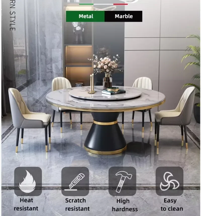 ターンテーブル付きの丸いダイニングテーブル,ダイニングルーム,モダンな椅子,テーブルと椅子の組み合わせ,豪華