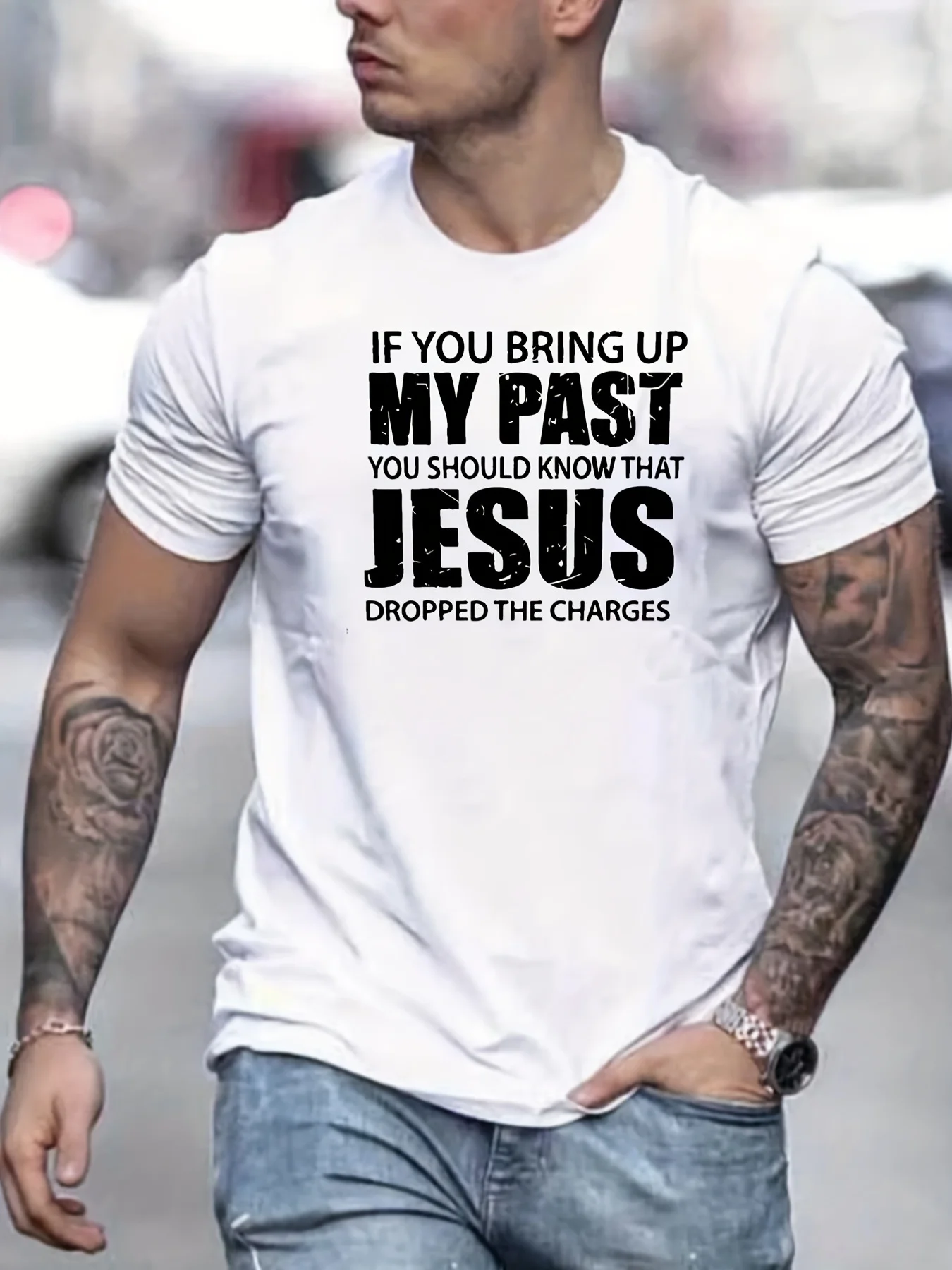 

[Christian Slogan Tee] Comfy Christian Slogan Graphic Tee - Men's Slightly Stretch Print T-shirt, Summer Clothes, Outfits