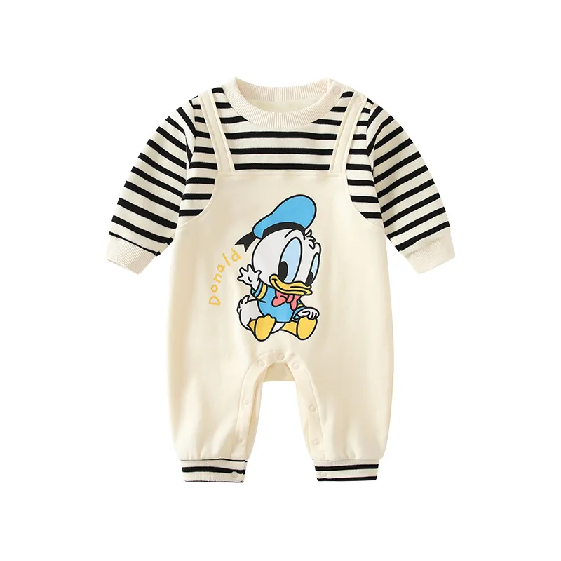 

MINISO Donald Duck Baby Boy Winter Striped Rompers Onesie Infant Clothes Warm Thickened Newborn 0-1 years Bodysuits Soft Wear