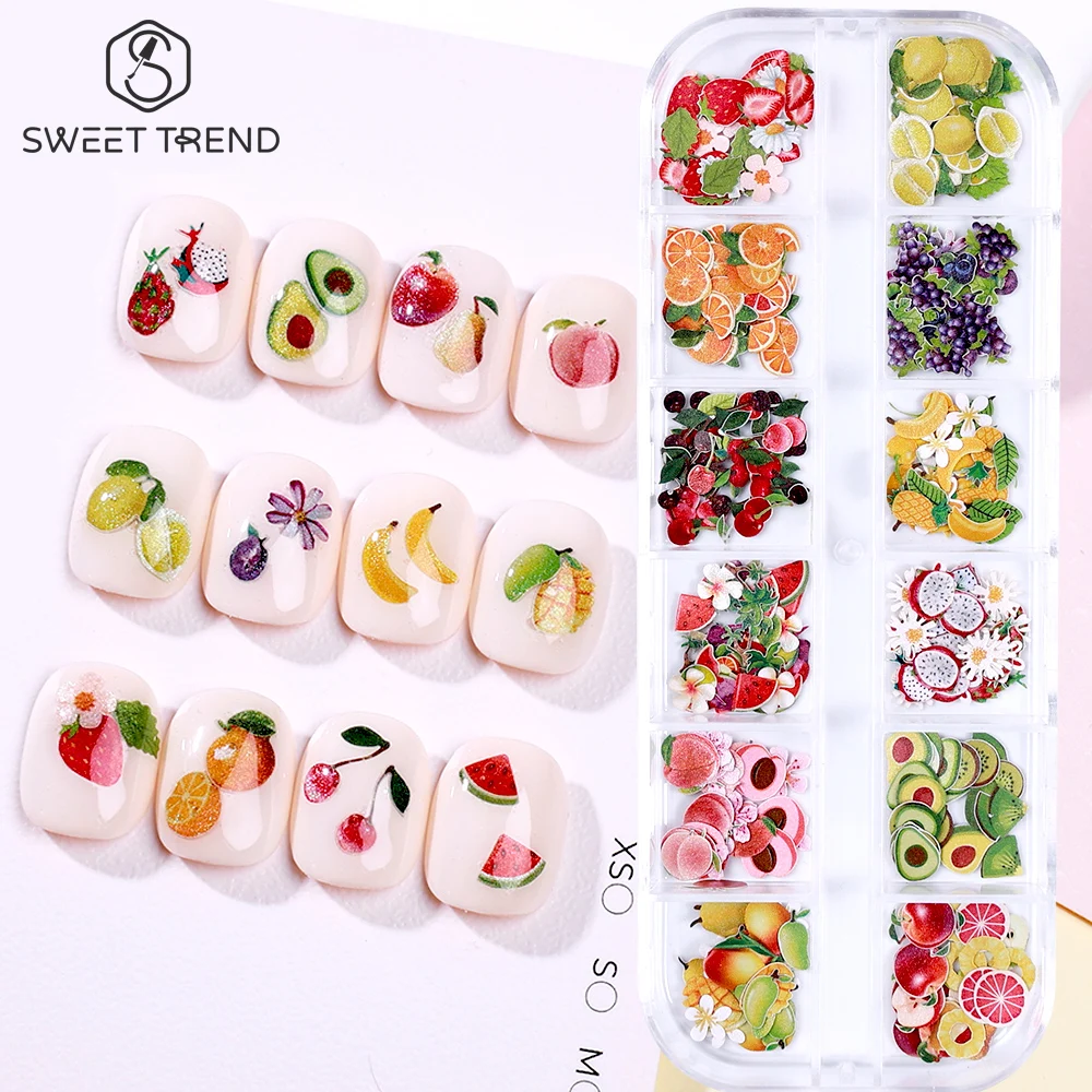 SWEET TREND-12 Gitter 3D Blumen- und Früchte-Nagelcharms Gänseblümchen Schmetterling Erdbeere Zitrone Nagelkunst-Accessoires für Sommer-Maniküre