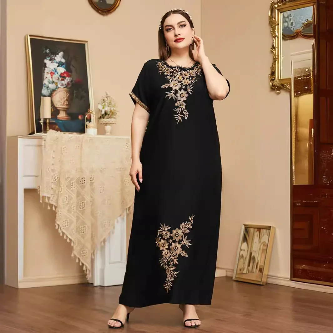 

New Summer Beading Embroidery Abaya for Muslim Dress Women Moroccan Kaftan Islamic Clothing Short Sleeve Loose Islamic Robe Arab