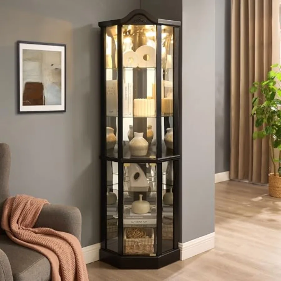 

72" Corner Glass Display Cabinet with Adjustable Shelves, for Collectibles, Storage Curio Cabinet with Arched Floral Carving De