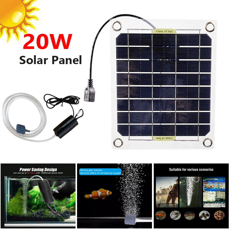 20W Solar Panel Kit Portable 5V Solar Cell Solar Aquarium Air Pump Fish Tank Oxygen Pump Solar Panel Water Pump Garden Decor